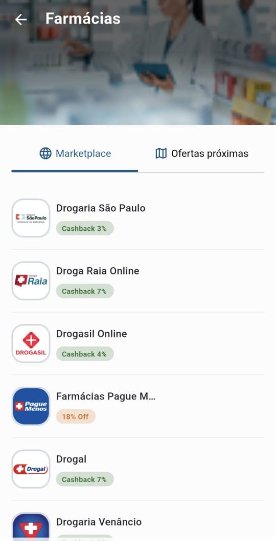 Descontos e cashback em farmácias no app PrevidaMais